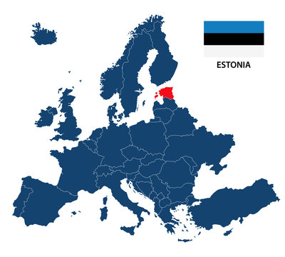 Vector illustration of a map of Europe with highlighted Estonia and Estonian flag isolated on a white background