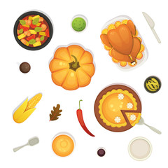 thanksgiving dish menu top view table with roasted turkey vector cartoon. Pumpkin Vector cartoon illustration.
