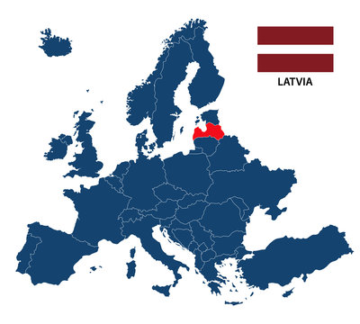Vector illustration of a map of Europe with highlighted Latvia and Latvian flag isolated on a white background