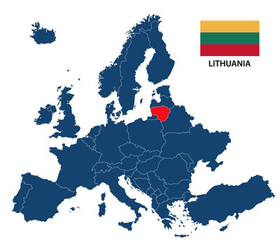 Vector illustration of a map of Europe with highlighted Lithuania and Lithuanian flag isolated on a white background