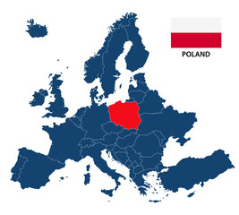 Vector illustration of a map of Europe with highlighted Poland and Polish flag isolated on a white background