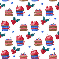 Christmas seamless background, pattern. Watercolor handmade drawing for gifts, cards, invitations, paper, fabric. Design festive illustration