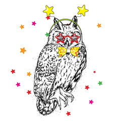 Funny owl with glasses and a tie. Festive costume. Vector illustration. Celebration.