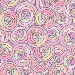 Vector seamless pattern with outline decorative roses in cute pastel colors. Beautiful floral background, stylish abstract flowers.