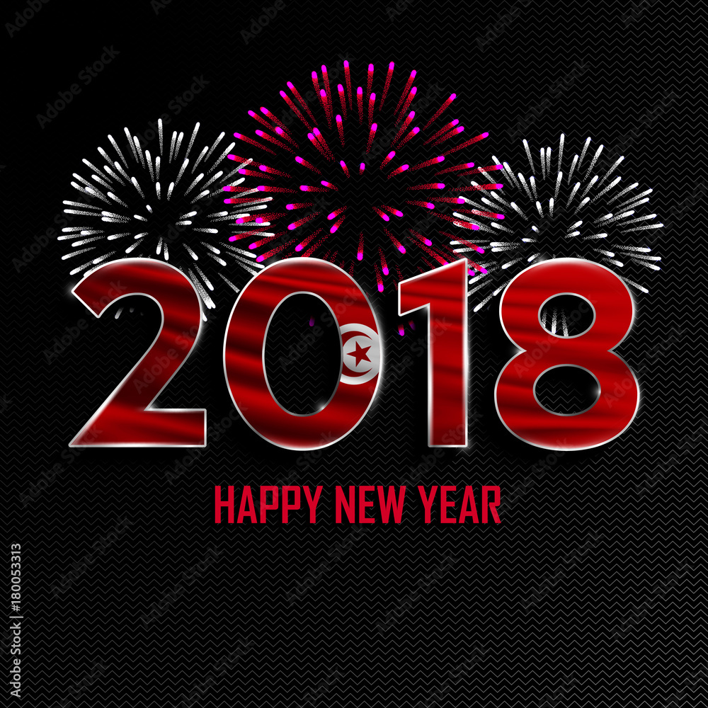 Poster happy new year and merry christmas. 2018 new year background with national flag of tunisia and firew