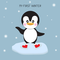 Ñute penguin with ice skate.  Greeting card.