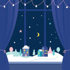 Winter Holidays Window Decorations. Snowy Town at Night. Vector Design