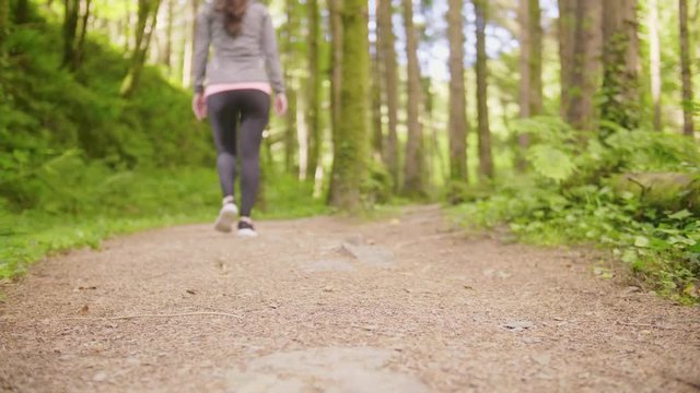 Lockdown Shot Of Sporty Woman Walking On Forest Trail