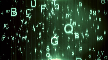 Technological background with flying letters and figures 3d illustration