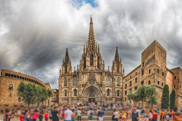Fototapeta premium Panoramic view with facade of the Barcelona Cathedral, Catalonia, Spain