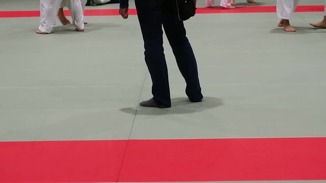 柔道場の練習風景と指導者