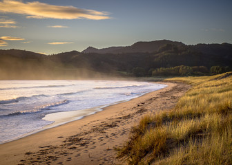 Ocean waves on the beach at Waikawau Bay New Zealand