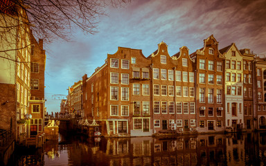 Fototapeta premium Waterfront Canal houses Armbrug Amsterdam retro look