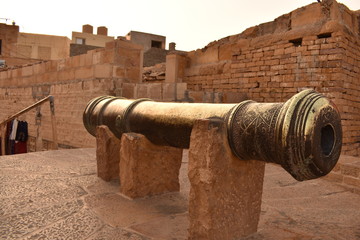 ancient cannon kept in the top of jaisalmer fort of jaisalmer rajasthan india