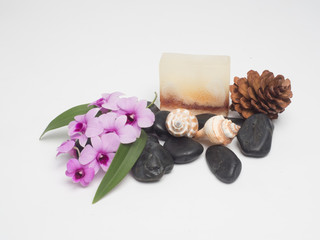 Spa set ,candle,coconut,flower,soap ,massage, with white background. Relaxing time aromatherapy .