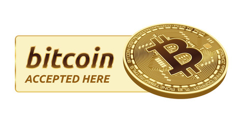 Bitcoin accepted sign emblem. 3D isometric Physical bit coin with frame and text Accepted Here. Cryptocurrency. Golden coin with bitcoin symbol isolated on white background. Stock vector illustration.