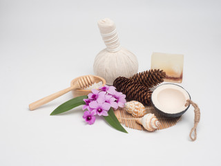 Spa set ,candle,coconut,flower,soap ,massage, with white background. Relaxing time aromatherapy .