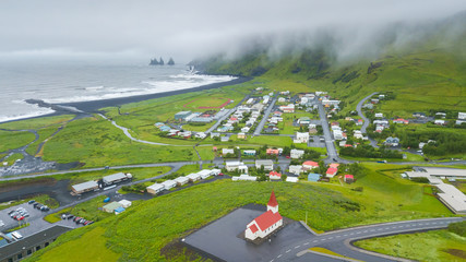 Aerial Beautiful view of Vik village - Iceland