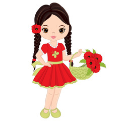 Vector Cute Little Girl with Basket of Poppies