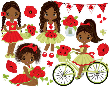 Vector Set with Cute Little African American Girls, Poppies, Bicycle and Bunting
