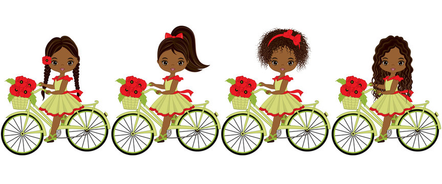 Vector Cute Little African American Girls Riding Bicycles