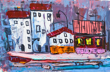 Abstract painting of city buildings