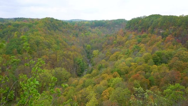 Tilt down over huge epic seasonal forrest seen from Dundas Peak Hamilton Canada shot in 4K