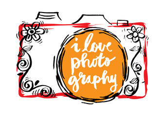  Photo camera with stylish lettering - I Love Photography. Hand drawn illustration.