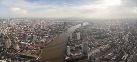 Aerial Panorama Over The Chao Phraya River In Bangkok, Thailand