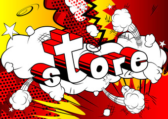 Store - Comic book style word on abstract background.