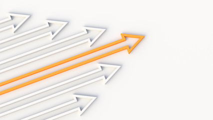 Leadership, success, and teamwork concept, orange leader arrow leading white arrows. 3D Rendering.