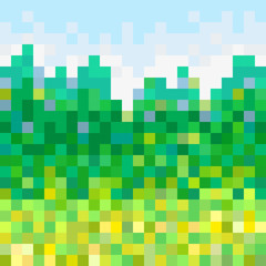 Pixel background. Landscape with trees. Seamless texture on gorizontal. Print for polygraphy, t-shirts and textiles. Ecological colors