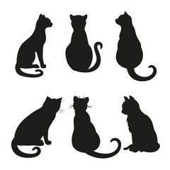 Cats. Silhouette. Hand drawn cats on isolation background. Black and white illustration for coloring. Doodles for icons