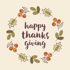Vector Happy Thanksgiving Day card template with wreath of leaves and berries in orange, brown and green. Autumn illustration in square format for greeting cards, web banners, invitations or menus. - 180068529
