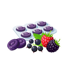 Cough drops. Sore throat remedy, package of violet lozenges, wild berries. Vector illustration cartoon flat icon isolated on white.