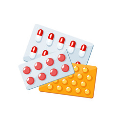 Set of blister package with different pills, capsules, tablets. Vector illustration cartoon flat icon collection isolated on white.