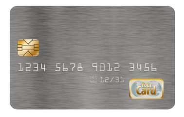 Blank credit card or debit card with chip, number and generic logo on a white background. You fill in the name of card, type of card, etc.