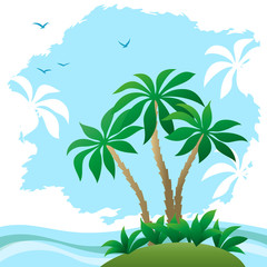 Fototapeta na wymiar Exotic Landscape, Sea with Waves, Tropical Island, Beach with Palm Trees, Green Grass and Clouds Palms Silhouettes and Birds on Blue Sky. Vector