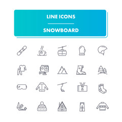 Line sport icons set. Snowboard
