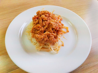 spaghetti Bolognese on white plate