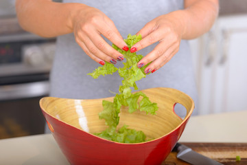 Girl cooking salad from greenery