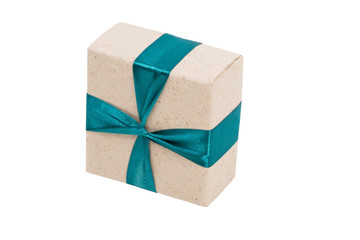 box with a gift bandaged with blue ribbon, isolated on white
