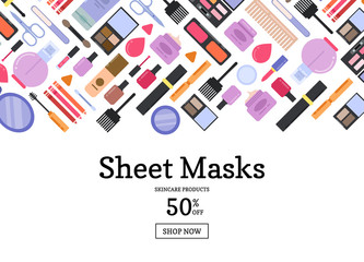 Fototapeta na wymiar Vector flat style different makeup and skincare sale background