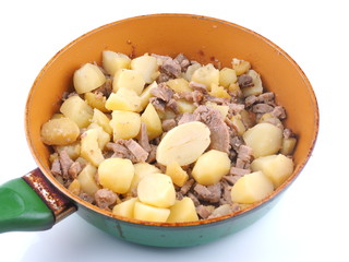 fried potatoes with meat in a frying pan
