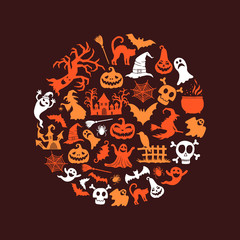 Vector halloween background with witches, pumpkins, ghosts