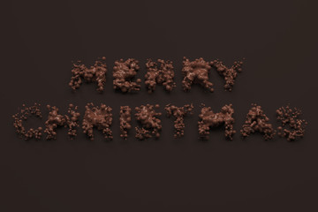 Liquid chocolate Merry Christmas words with drops on chocolate background