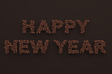 Happy New Year words from chocolate balls on chocolate background