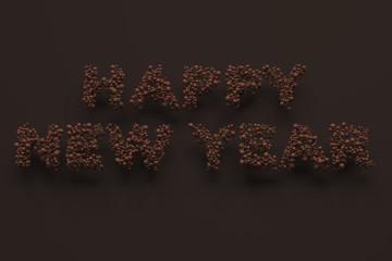 Happy New Year words from chocolate balls on chocolate background