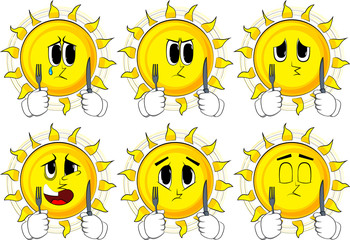 Cartoon sun holding up a knife and fork. Collection with sad faces. Expressions vector set.