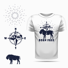 t-shirt design with Vector bison silhouette view side and compass © Tetiana